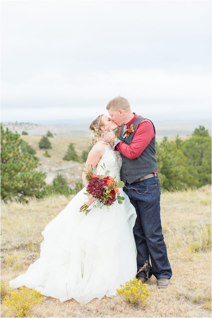 Burgundy & Orange Wyoming Wedding Fall Inspired Bride and Groom Photos